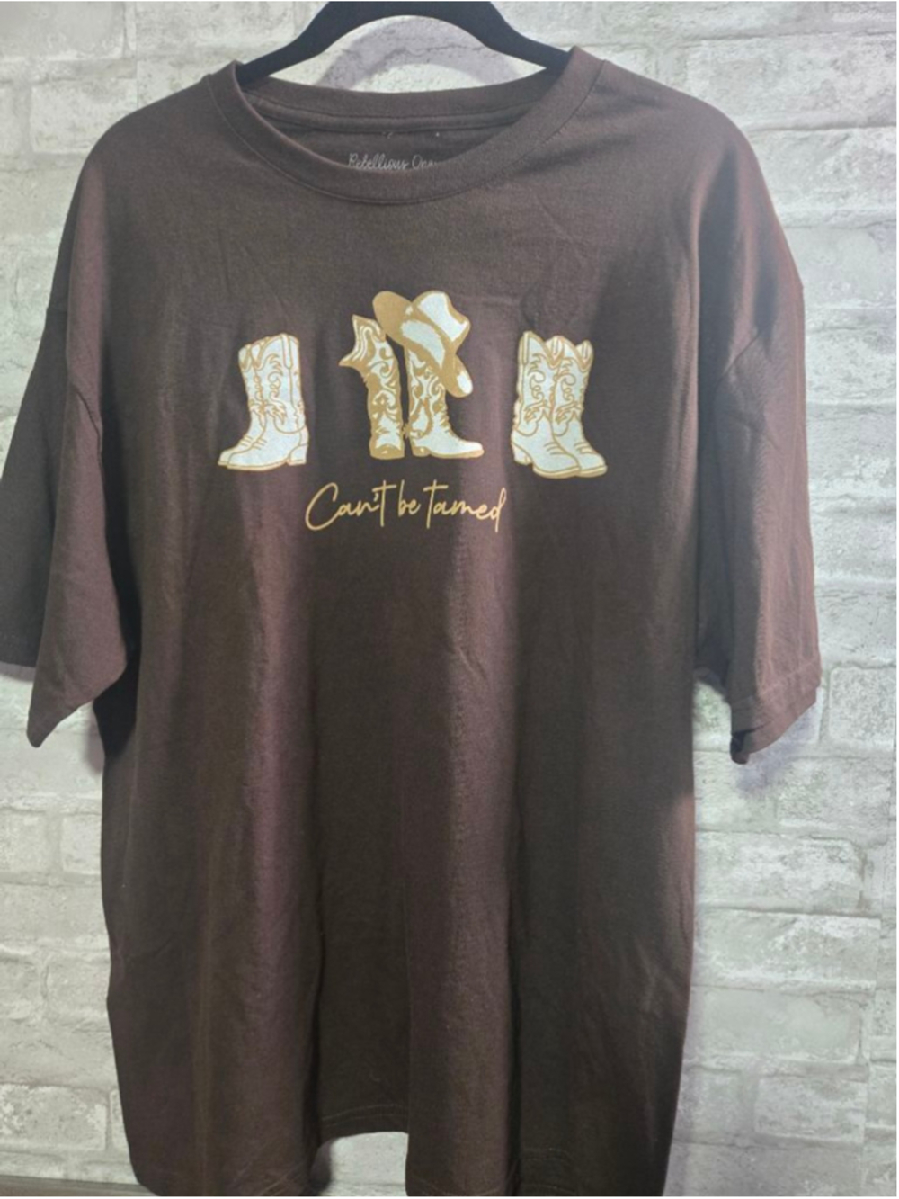 Rebellious One Brown Beige Cowboy Boots Short Sleeve Tee XL
